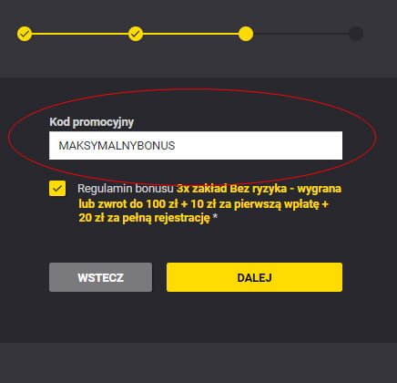 Podczas rejestracji w Fortunie kod promocyjny należy podać w miejscu wskazanym na obrazku kod promocyjny w Fortunie