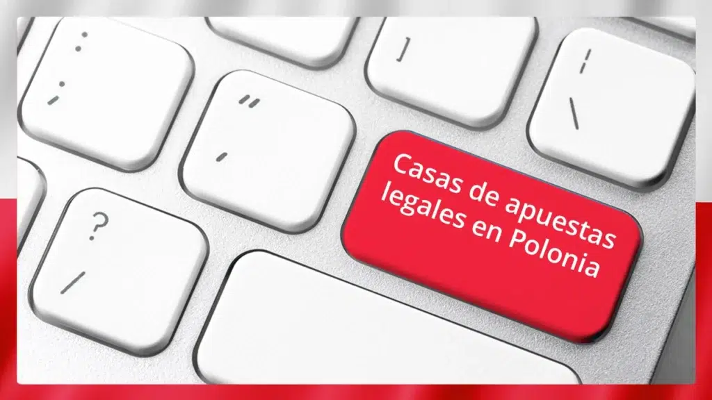 Un teclado de ordenador con una tecla de "Casas de apuestas legales en Polonia" y un borde con los colores de la bandera de Polonia.