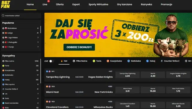 Polski bukmacher Betfan - zrzut ekranu strony