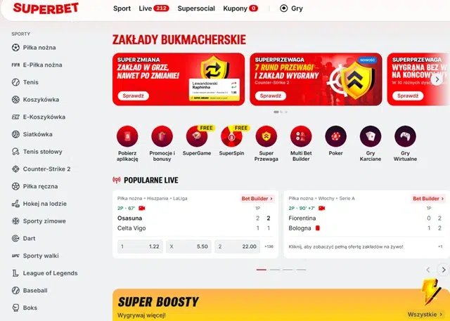 Polski bukmacher Superbet - zrzut ekranu strony